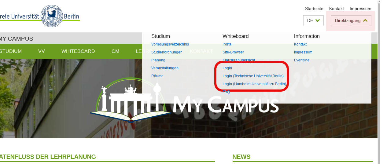 Menu Direktzugang auf der MyCampus-Startseite